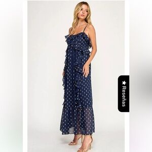 NWT Lightweight  Navy Blue Polka Dot  Ruffle Maxi Dress